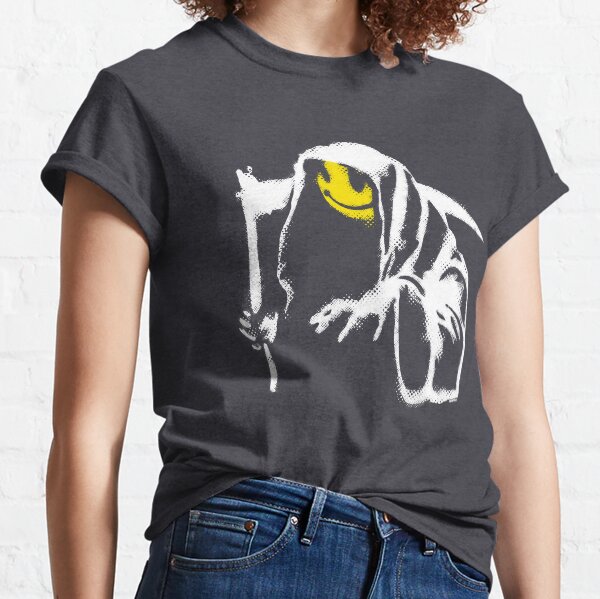 Banksy graffiti Grim reaper with smiley face yellow and black background HD HIGH QUALITY ONLINE STORE Classic T-Shirt