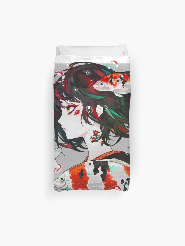 Beautiful Drawn Art Of A Japanese Anime Girl With Koi Fish Duvet Cover