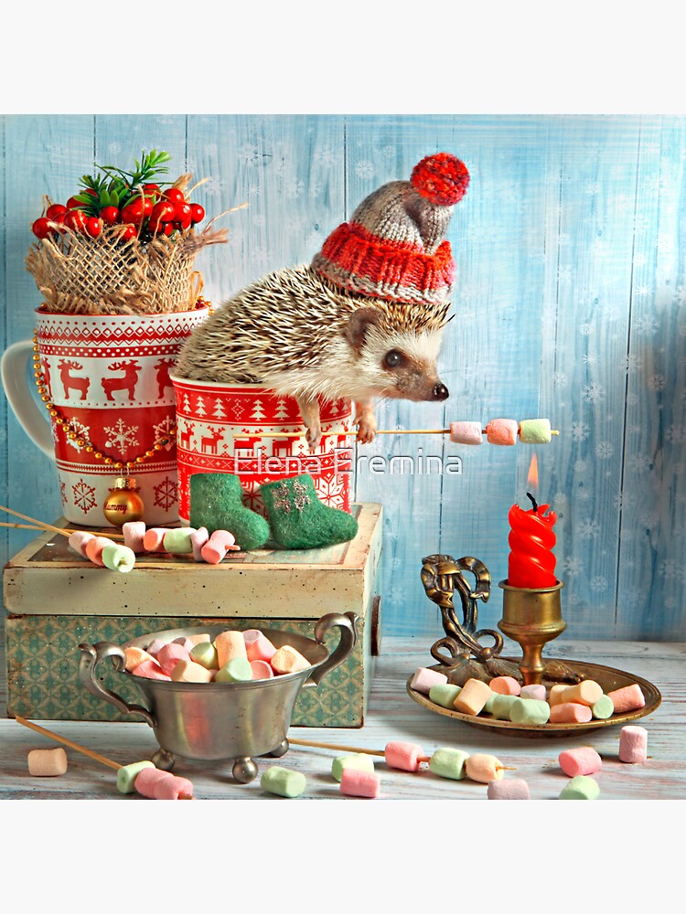 Thumbnail 3 of 3, Sticker, Christmas Hedgehog by Elena Eremina designed and sold by Eremina-Elena.