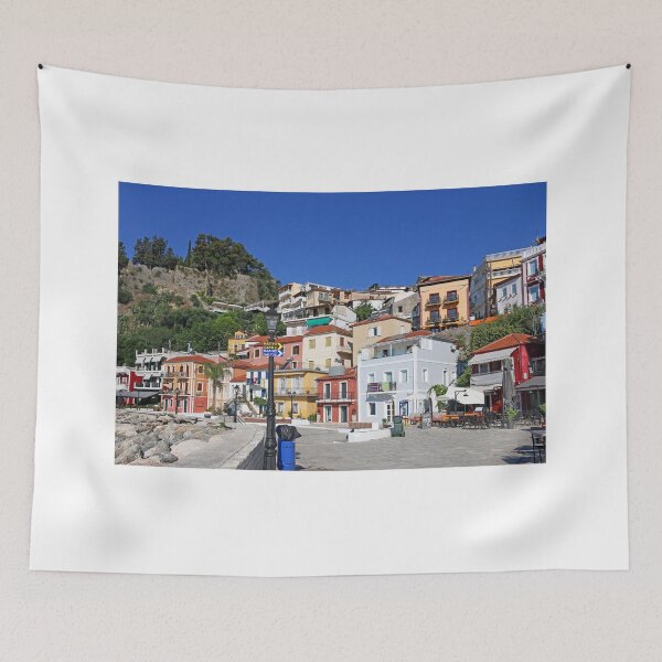 Item preview, colorful old buildings street Parga Greece designed and sold by goceris.