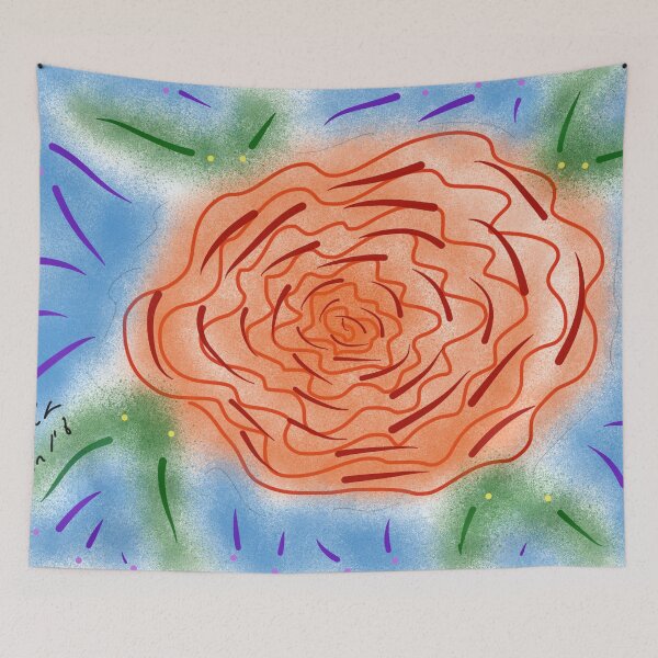 Item preview, Pink flowers on blue artistic background designed and sold by VataYellowSeed.