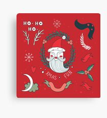 Christmas New Year Celebration Hand drawn design elements set with Santa Claus Snowflakes Cute plants Snowflakes Red Green Colorful Canvas Print
