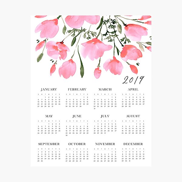 Pink watercolor flowers 2019 calendar Photographic Print