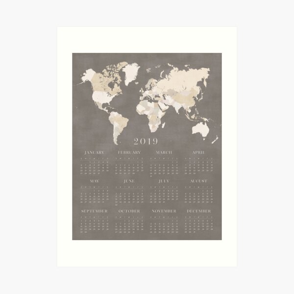 Brown distressed world map 2019 calendar Art Print