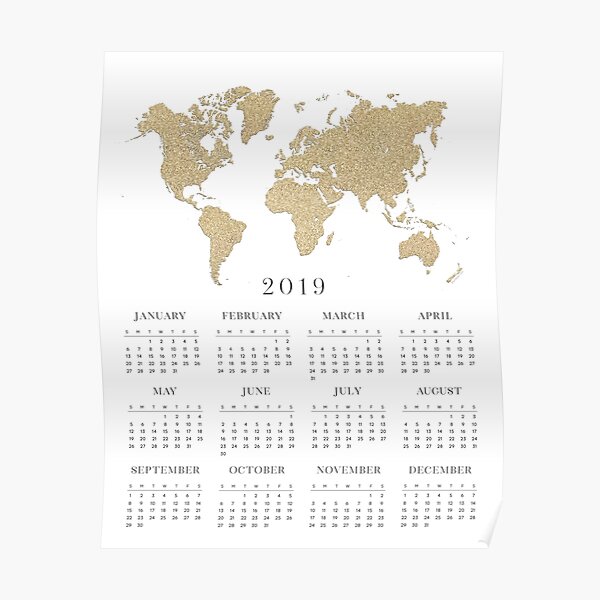 Gold world map 2019 calendar Poster