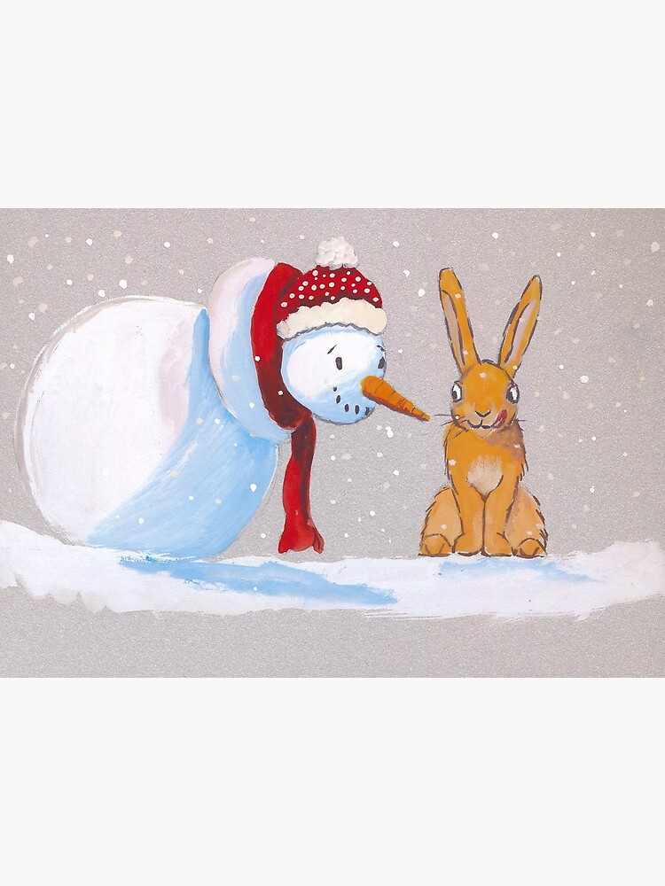Aperçu 2 sur 2. Carte de vœux avec l'œuvre Bonhomme de neige et lapin créée et vendue par cindybarillet.