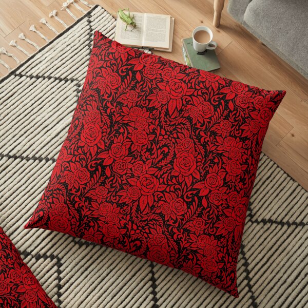 Floral Tile Pattern - Red and Black Floor Pillow