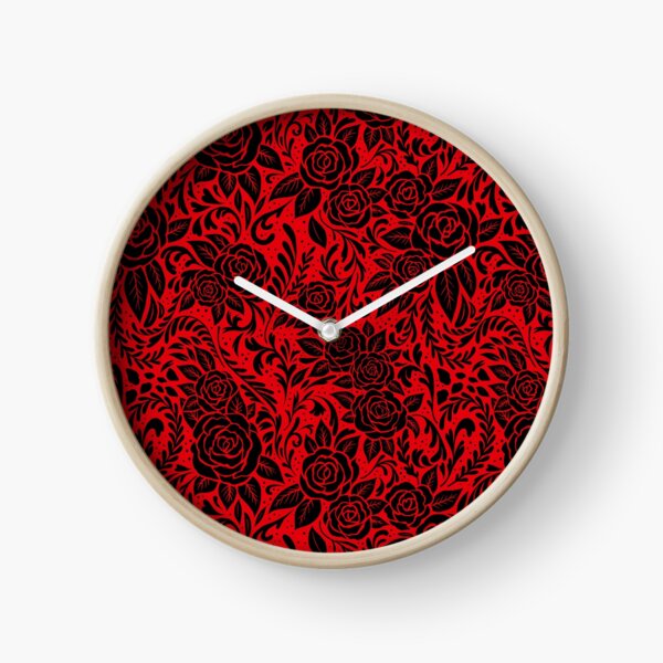 Floral Tile Pattern - Red and Black 2 Clock
