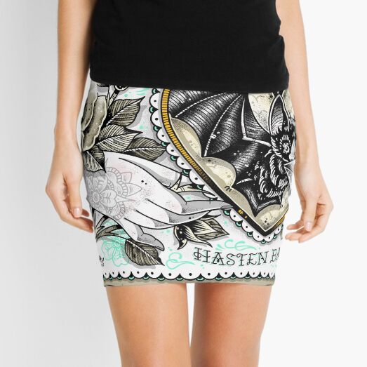 Hasten Back Vintage Style Romance Hand with Bat and Moon Lover Cute Traditional Tattoo Flash Mini Skirt
