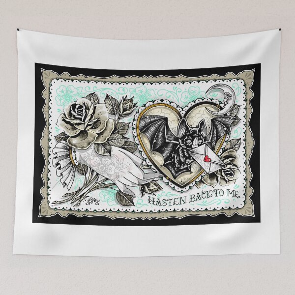 Item preview, Hasten Back Vintage Style Romance Hand with Bat and Moon Lover Cute Traditional Tattoo Flash designed and sold by Ella Mobbs.