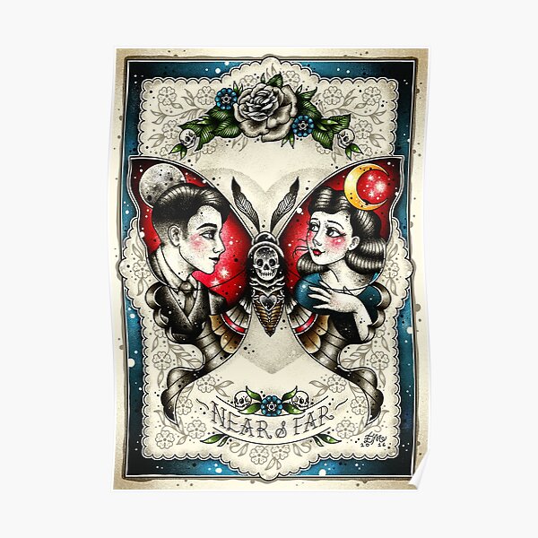 Near and Far Moth Vintage Lovers Cute Traditional Tattoo Flash Poster
