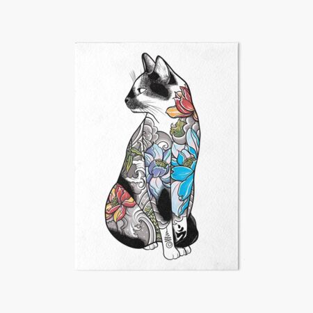 Cat in Lotus Tattoo Art Board Print