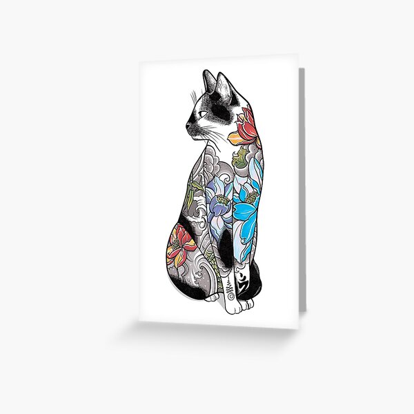 Cat in Lotus Tattoo Greeting Card