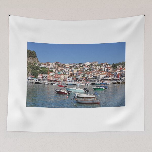 Item preview, boats in port and colorful buildings Parga Greece designed and sold by goceris.