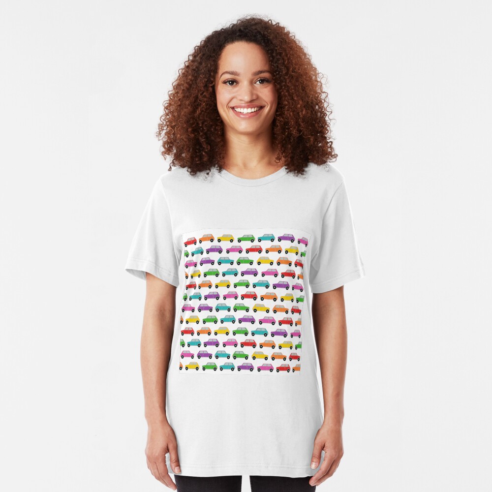 Classic Mini , Rainbow Mini Car , vintage UK car. Slim Fit T-Shirt