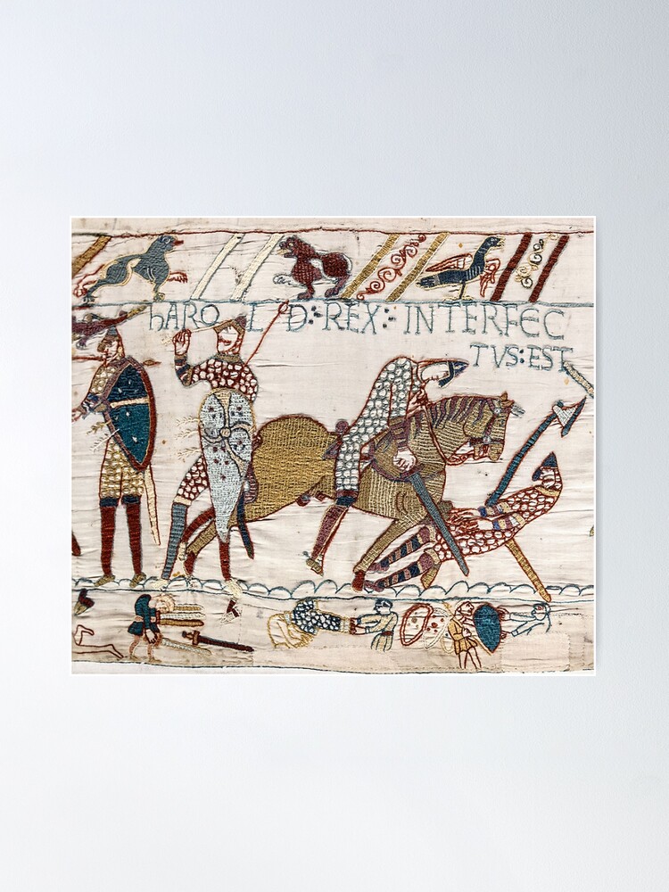 Alternate view of Bayeux Tapestry. King Harold is killed. Arrow in eye. Poster