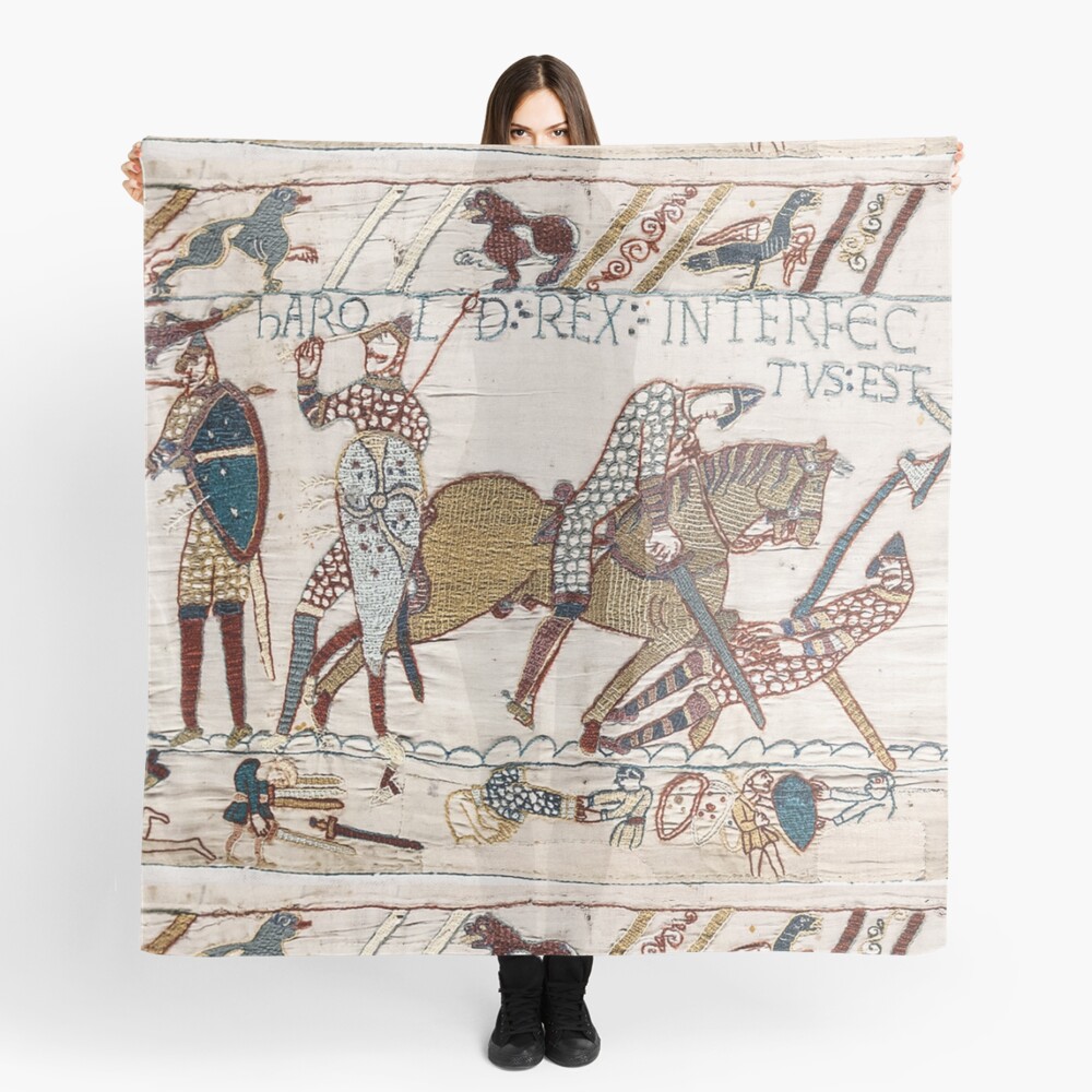 Bayeux Tapestry. King Harold is killed. Arrow in eye. Scarf
