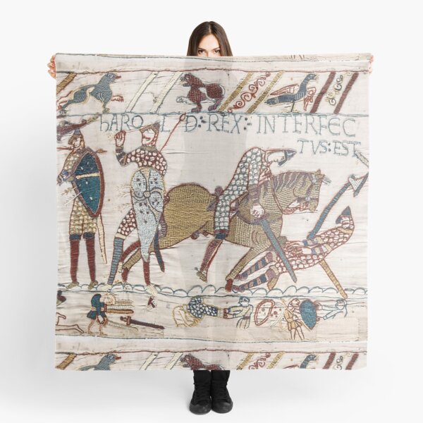 Bayeux Tapestry. King Harold is killed. Arrow in eye. Scarf