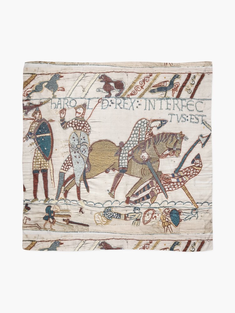 Alternate view of Bayeux Tapestry. King Harold is killed. Arrow in eye. Scarf