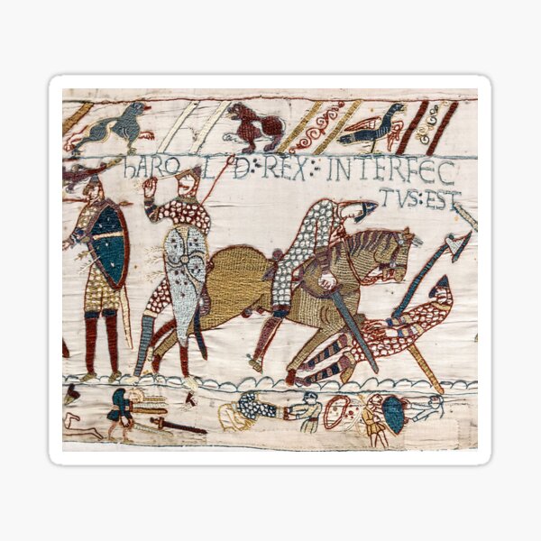 Bayeux Tapestry. King Harold is killed. Arrow in eye. Sticker
