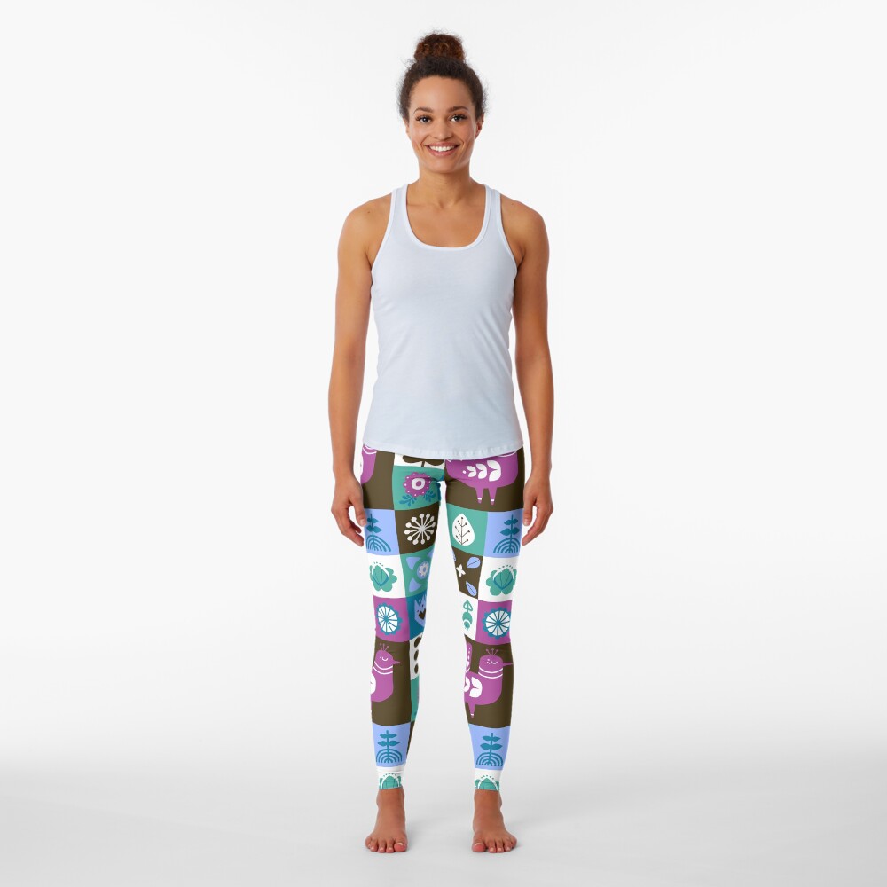 Scandinavian Midcentury Modern Composition With Birds And Flowers Leggings