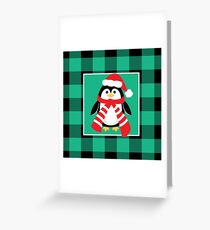 Christmas Penguin Buffalo Plaid Greeting Card