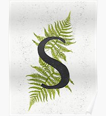 Black letter S monogram with green watercolor fern on beige background. Poster