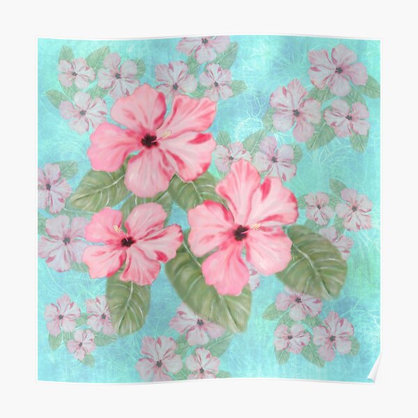 Tropical Hibiscus Floral Print Pink and Aqua Poster