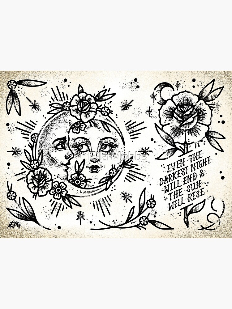 Dark Nights Sun Moon And Rose Cute Traditional Tattoo Flash Art Board Print By Ellamobbs Redbubble