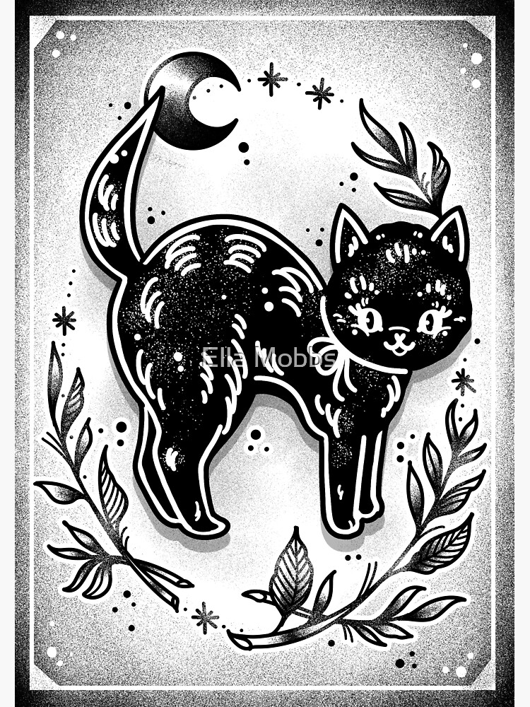 Black Cat With Crescent Moon Cute Traditional Tattoo Flash Postcard By Ellamobbs Redbubble