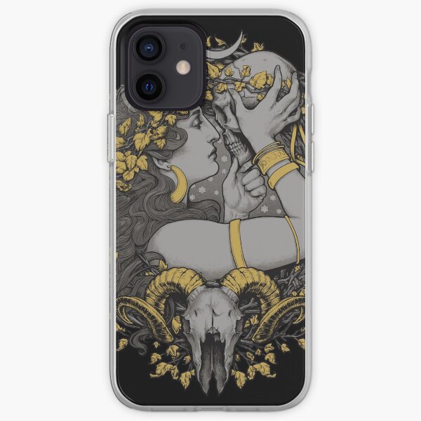 con un cráneo humano y carnero en un marco botánico. Funda blanda para iPhone