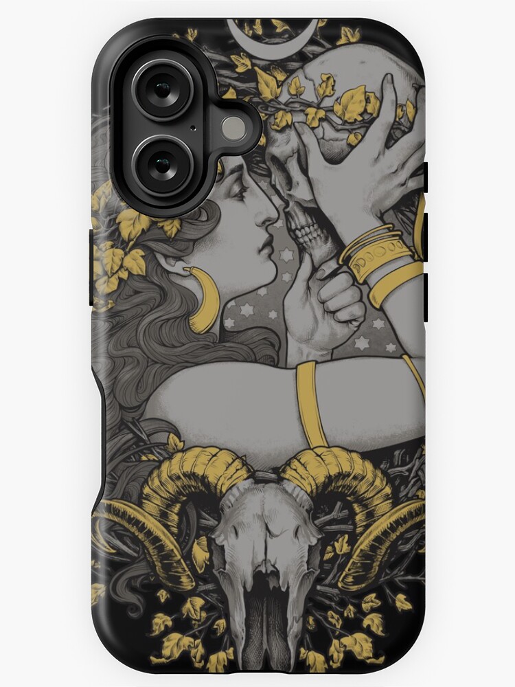 Thumbnail 1 von 4, iPhone-Hülle, mit einem Menschen und Widderschädeln in einem botanischen Rahmen. designt und verkauft von medusadollmaker.