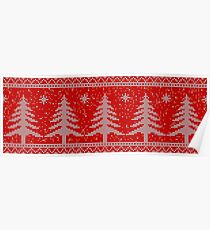 Red knitting seamless pattern background with christmas trees and snowflakes Poster