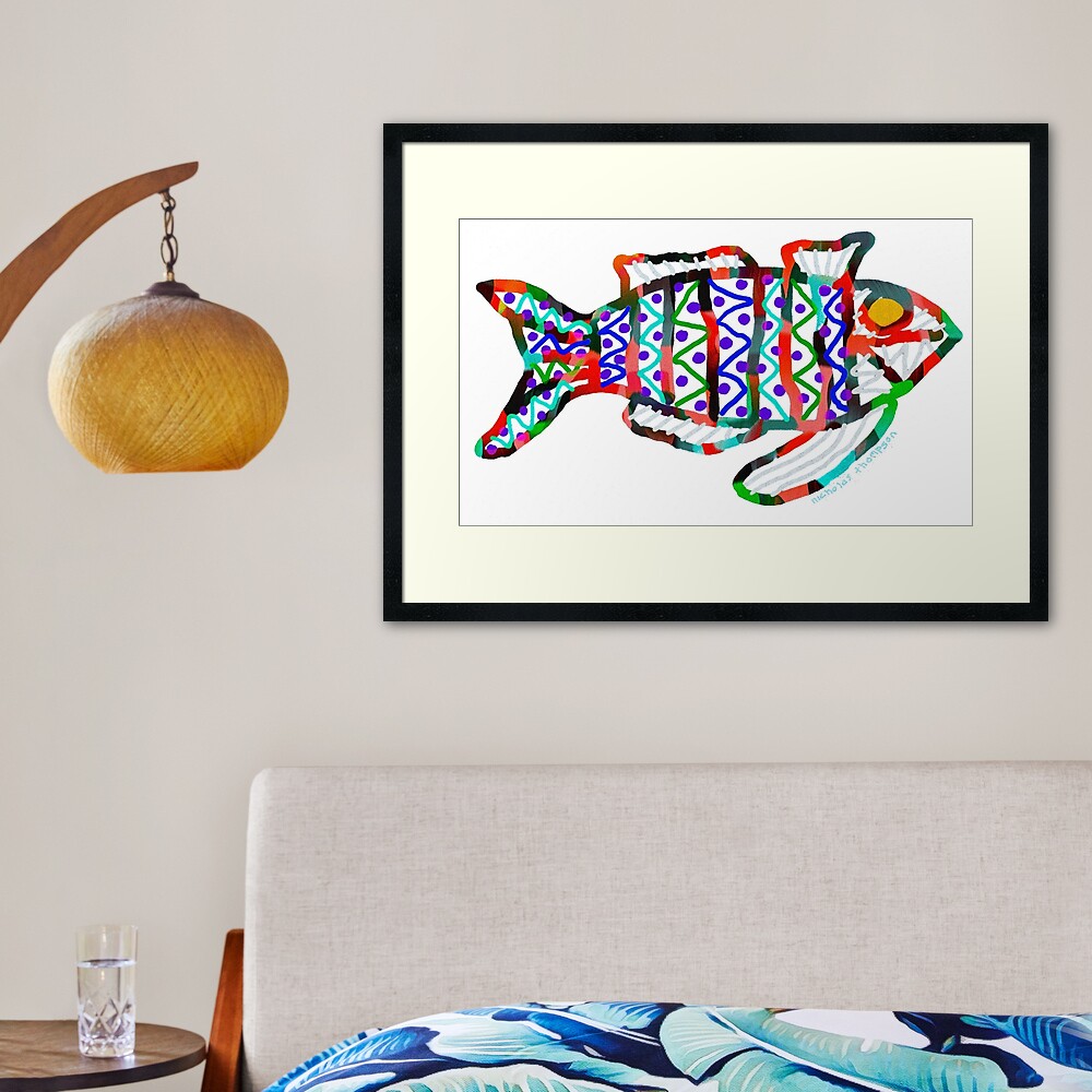 Colorful Abstract Fish in Yellow and Black Framed Art Print