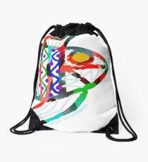 Colorful Abstract Fish in Yellow and Black Drawstring Bag