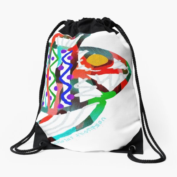 Colorful Abstract Fish in Yellow and Black Drawstring Bag