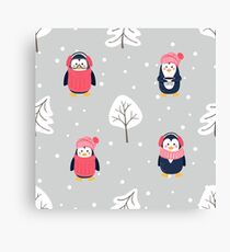Pattern with cute cartoon penguins pine tree and snow Canvas Print