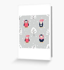 Pattern with cute cartoon penguins pine tree and snow Greeting Card