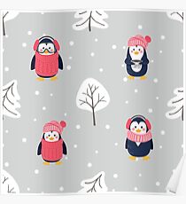 Pattern with cute cartoon penguins pine tree and snow Poster