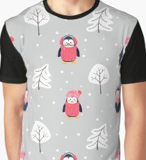 Pattern with cute cartoon penguins pine tree and snow Graphic T-Shirt