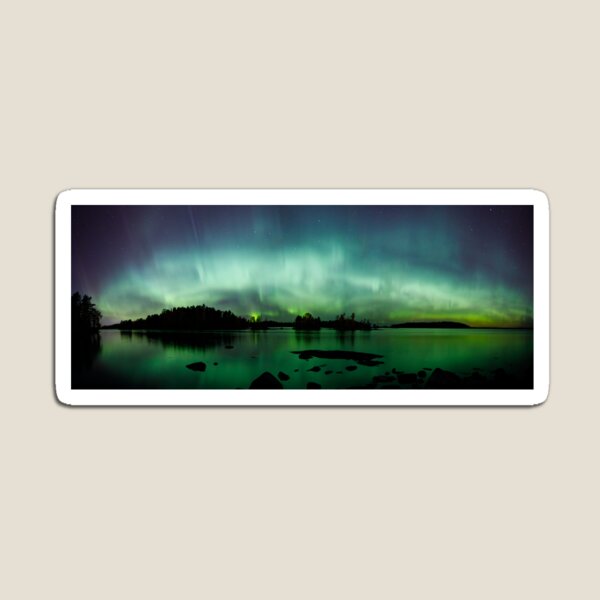 Beautiful northern lights over lake panorama Magnet