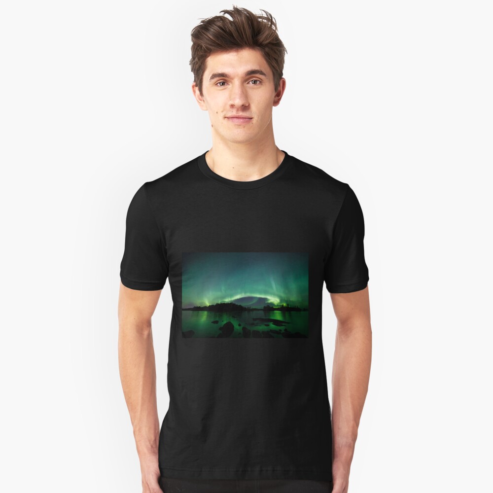 Beautiful northern lights over lake Slim Fit T-Shirt