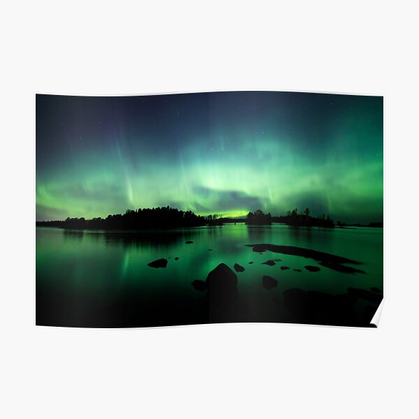 Beautiful northern lights over lake Poster