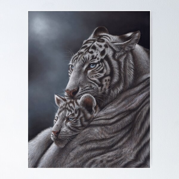  White Tiger Line Drawing Polygon Stripes Pattern Artwork Framed  A3 Wall Art Print: Posters & Prints