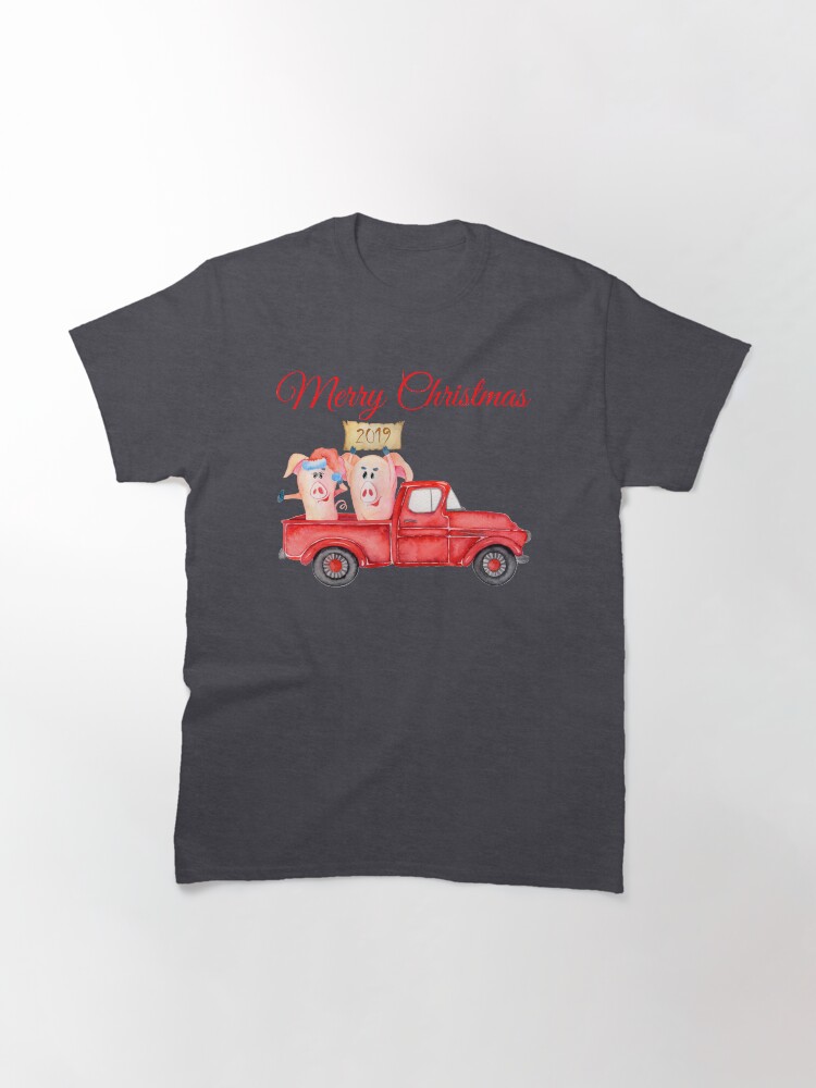 Alternate view of Red Pickup Truck and Xmas Piglets 2019 - Funny Christmas Pigs 2019 Classic T-Shirt
