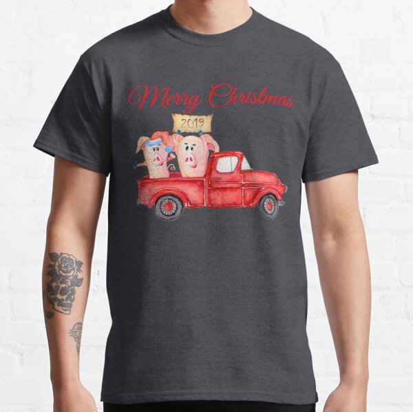 Red Pickup Truck and Xmas Piglets 2019 - Funny Christmas Pigs 2019 Classic T-Shirt