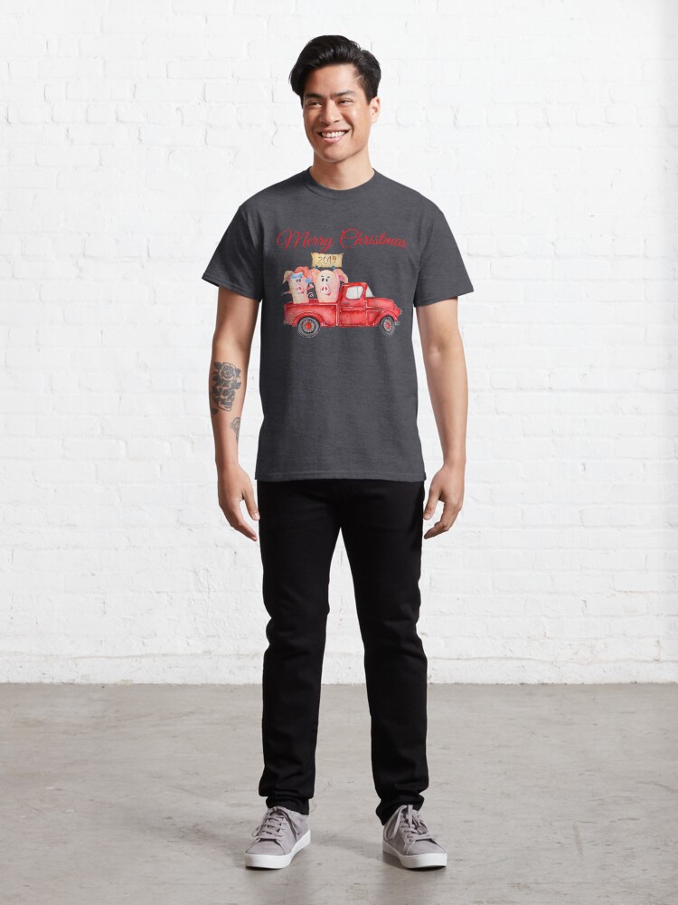 Alternate view of Red Pickup Truck and Xmas Piglets 2019 - Funny Christmas Pigs 2019 Classic T-Shirt