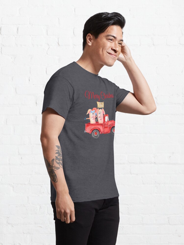 Alternate view of Red Pickup Truck and Xmas Piglets 2019 - Funny Christmas Pigs 2019 Classic T-Shirt