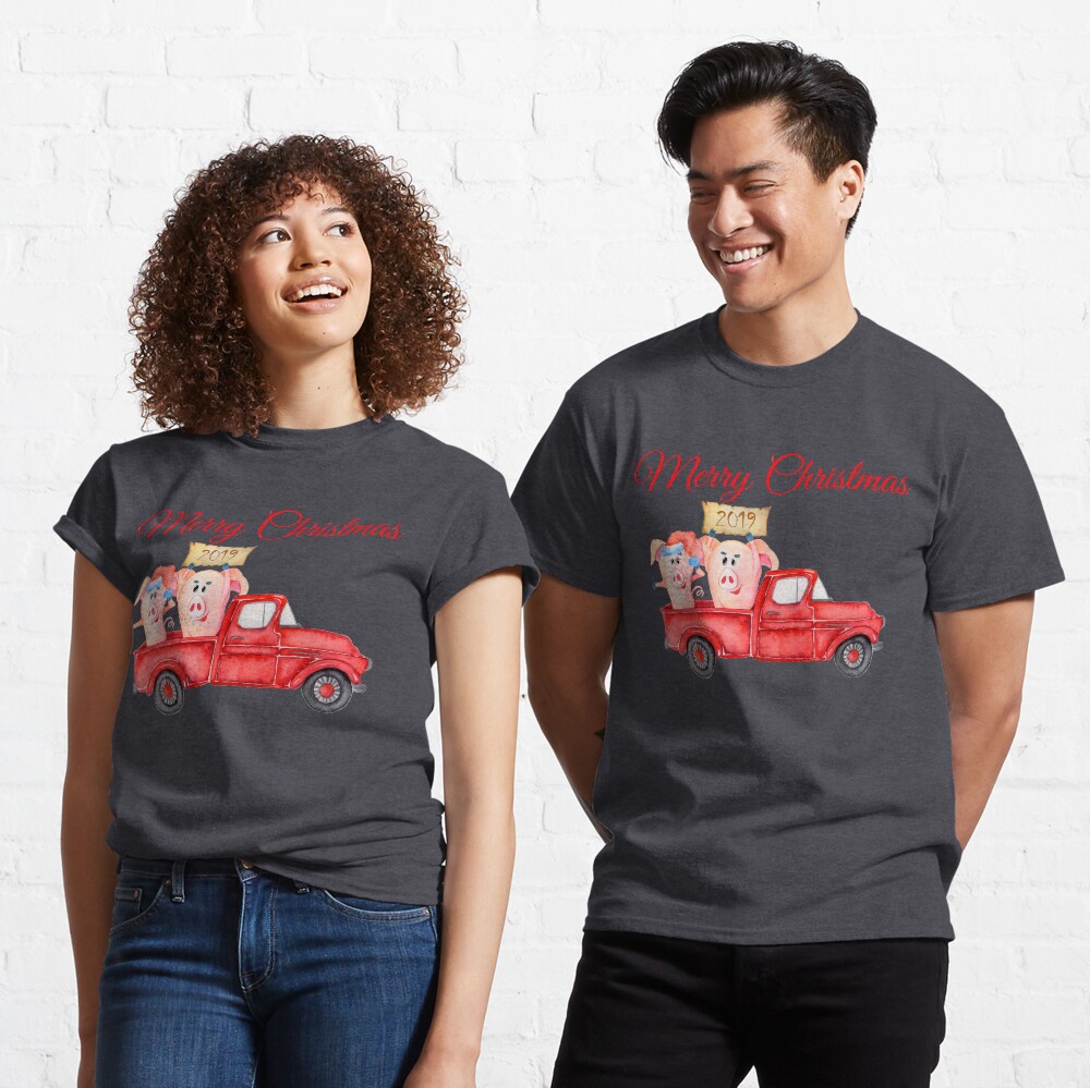Red Pickup Truck and Xmas Piglets 2019 - Funny Christmas Pigs 2019 Classic T-Shirt