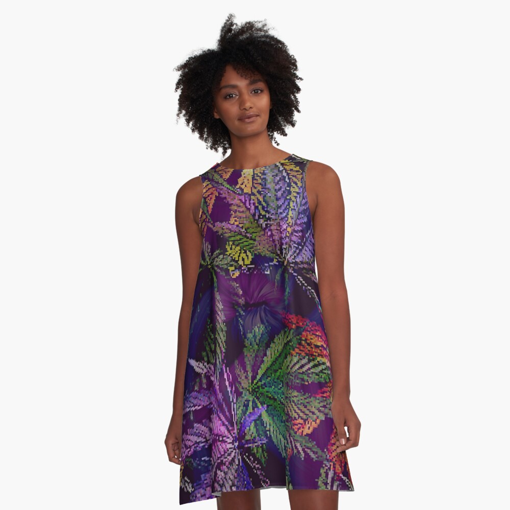 Psychedelic Marijuana Cannabis Leaves A-Line Dress